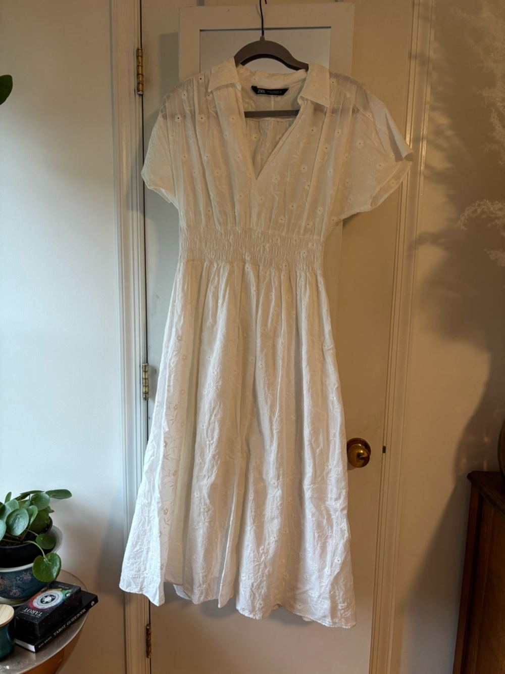 Zara White Eyelet Shirred-Waist Midi Dress XS